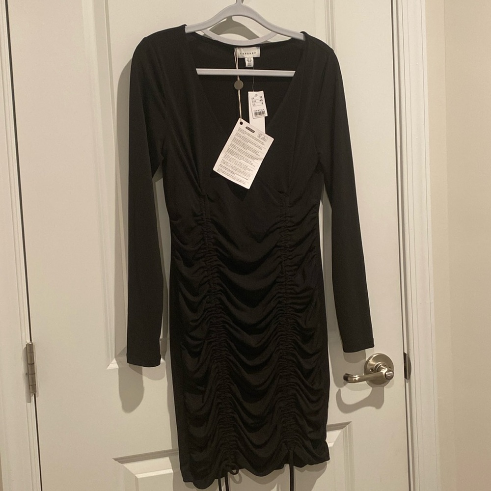 Topshop faux wrap black mini dress with double drawstrings. New